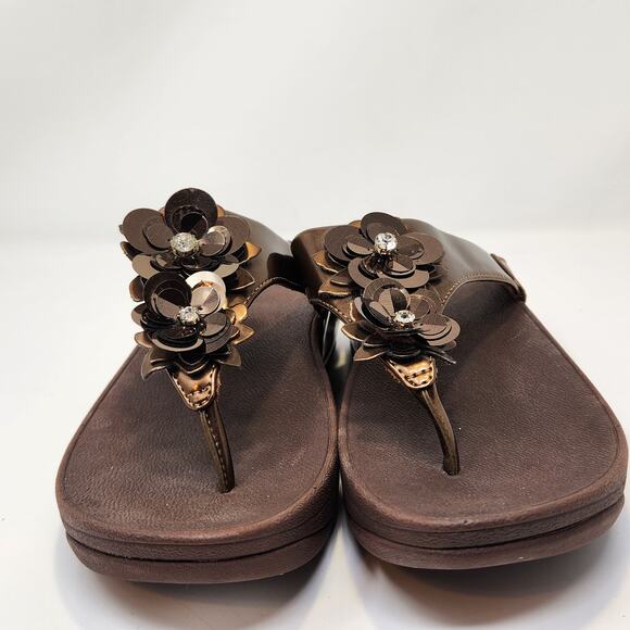 FitFlop LuLu Flower Bronze Brown Toe Post Wedge Sandal Women Size 7 Slip On New - Picture 3 of 8